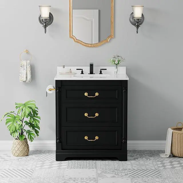 Alt view image 3 of 7 - 30 Inch Bathroom Vanity with Sink, Small Bathroom Vanity Cabinet with Ceramic Basin, Marble-Look Countertop, Tilt-Out Drawer, Storage Drawers, Freestanding Bathroom Cabinet (Black)