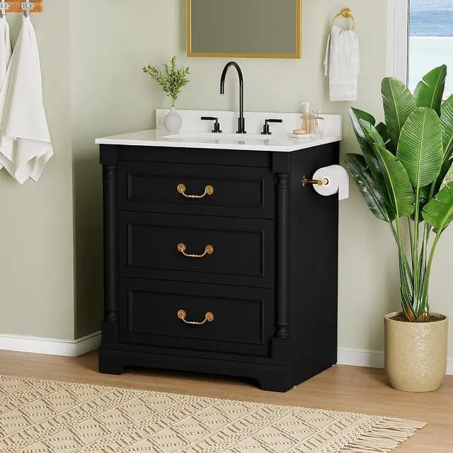 Main image of 30 Inch Bathroom Vanity with Sink, Small Bathroom Vanity Cabinet with Ceramic Basin, Marble-Look Countertop, Tilt-Out Drawer, Storage Drawers, Freestanding Bathroom Cabinet (Black)
