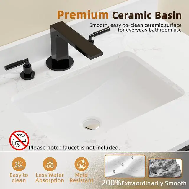 Alt view image 4 of 7 - 30 Inch Bathroom Vanity with Sink, Small Bathroom Vanity Cabinet with Ceramic Basin, Marble-Look Countertop, Tilt-Out Drawer, Storage Drawers, Freestanding Bathroom Cabinet (Black)