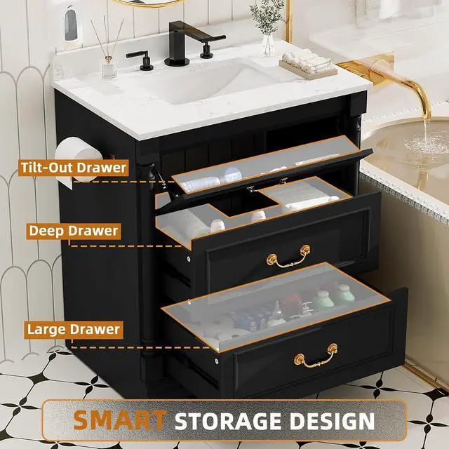 Alt view image 5 of 7 - 30 Inch Bathroom Vanity with Sink, Small Bathroom Vanity Cabinet with Ceramic Basin, Marble-Look Countertop, Tilt-Out Drawer, Storage Drawers, Freestanding Bathroom Cabinet (Black)