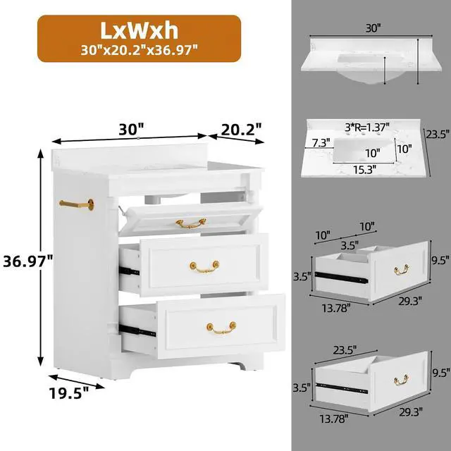 Alt view image 2 of 7 - 30 Inch Bathroom Vanity with Sink, Small Bathroom Vanity Cabinet with Ceramic Basin, Marble-Look Countertop, Tilt-Out Drawer, Storage Drawers, Freestanding Bathroom Cabinet (White)
