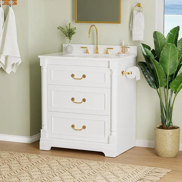 Main image of 30 Inch Bathroom Vanity with Sink, Small Bathroom Vanity Cabinet with Ceramic Basin, Marble-Look Countertop, Tilt-Out Drawer, Storage Drawers, Freestanding Bathroom Cabinet (White)