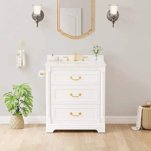 Alt view image 3 of 7 - 30 Inch Bathroom Vanity with Sink, Small Bathroom Vanity Cabinet with Ceramic Basin, Marble-Look Countertop, Tilt-Out Drawer, Storage Drawers, Freestanding Bathroom Cabinet (White)