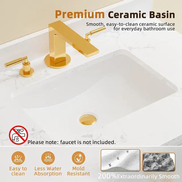 Alt view image 4 of 7 - 30 Inch Bathroom Vanity with Sink, Small Bathroom Vanity Cabinet with Ceramic Basin, Marble-Look Countertop, Tilt-Out Drawer, Storage Drawers, Freestanding Bathroom Cabinet (White)