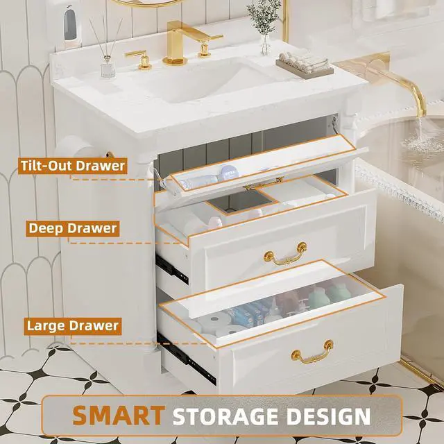 Alt view image 5 of 7 - 30 Inch Bathroom Vanity with Sink, Small Bathroom Vanity Cabinet with Ceramic Basin, Marble-Look Countertop, Tilt-Out Drawer, Storage Drawers, Freestanding Bathroom Cabinet (White)