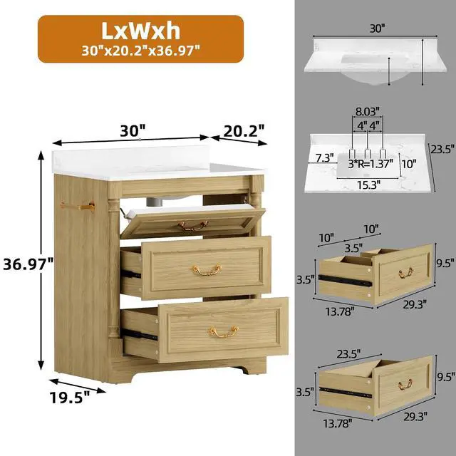 Alt view image 2 of 7 - 30 Inch Bathroom Vanity with Sink, Small Bathroom Vanity Cabinet with Ceramic Basin, Marble-Look Countertop, Tilt-Out Drawer, Storage Drawers, Freestanding Bathroom Cabinet (Natural Oak)