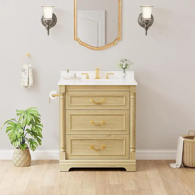 Alt view image 3 of 7 - 30 Inch Bathroom Vanity with Sink, Small Bathroom Vanity Cabinet with Ceramic Basin, Marble-Look Countertop, Tilt-Out Drawer, Storage Drawers, Freestanding Bathroom Cabinet (Natural Oak)