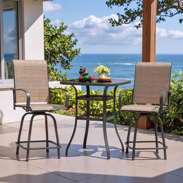 Alt view image 2 of 7 - Patio Swivel Bar Set 3 Pieces Patio High Top Bar Table and Stools Chairs Set Textilene Sling Fabric Outdoor Bar Stools Set of 2 for Garden, Balcony