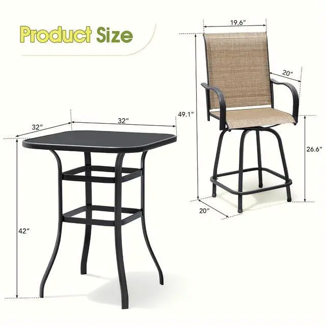 Alt view image 3 of 7 - Patio Swivel Bar Set 3 Pieces Patio High Top Bar Table and Stools Chairs Set Textilene Sling Fabric Outdoor Bar Stools Set of 2 for Garden, Balcony