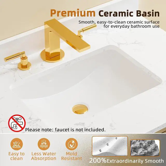 Alt view image 4 of 7 - 30 Inch Bathroom Vanity with Sink, Small Bathroom Vanity Cabinet with Ceramic Basin, Marble-Look Countertop, Tilt-Out Drawer, Storage Drawers, Freestanding Bathroom Cabinet (Natural Oak)