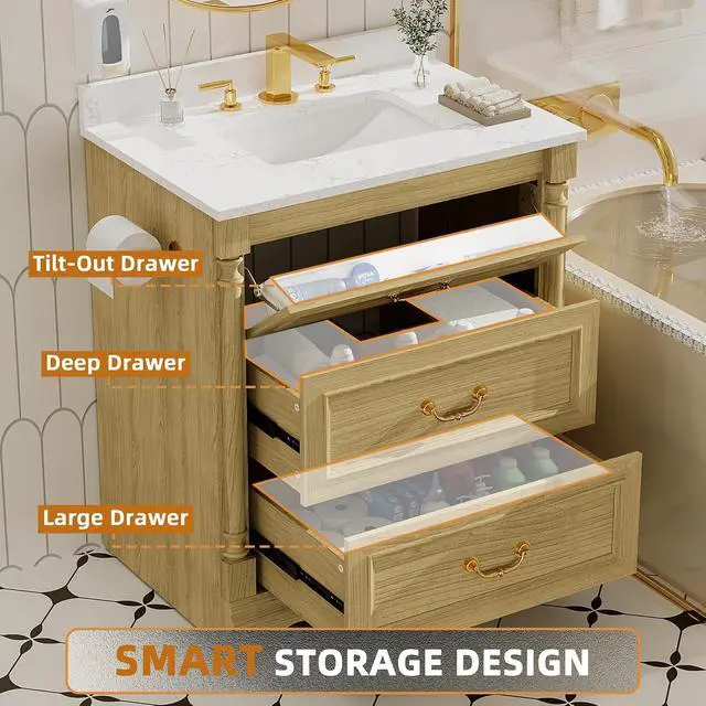 Alt view image 5 of 7 - 30 Inch Bathroom Vanity with Sink, Small Bathroom Vanity Cabinet with Ceramic Basin, Marble-Look Countertop, Tilt-Out Drawer, Storage Drawers, Freestanding Bathroom Cabinet (Natural Oak)