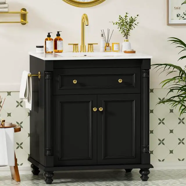 Main image of 30" Bathroom Vanity with Sink Combo, Freestanding Modern Bathroom Sink Cabinet with Flip-Down Drawer, 2 Doors & Adjustable Shelf, Bathroom Cabinet with Ceramic Integrated Sink (Black)