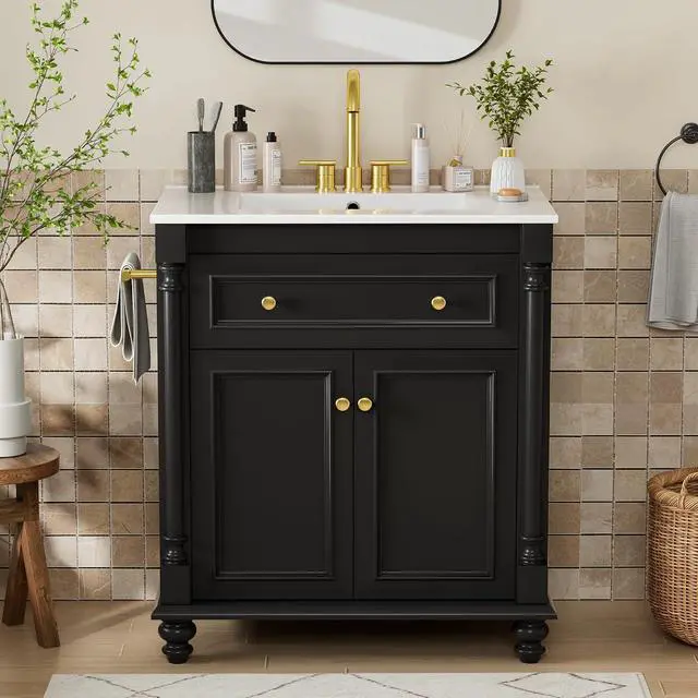Alt view image 3 of 7 - 30" Bathroom Vanity with Sink Combo, Freestanding Modern Bathroom Sink Cabinet with Flip-Down Drawer, 2 Doors & Adjustable Shelf, Bathroom Cabinet with Ceramic Integrated Sink (Black)