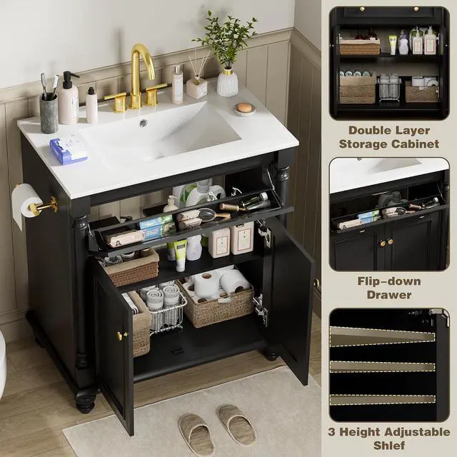 Alt view image 4 of 7 - 30" Bathroom Vanity with Sink Combo, Freestanding Modern Bathroom Sink Cabinet with Flip-Down Drawer, 2 Doors & Adjustable Shelf, Bathroom Cabinet with Ceramic Integrated Sink (Black)