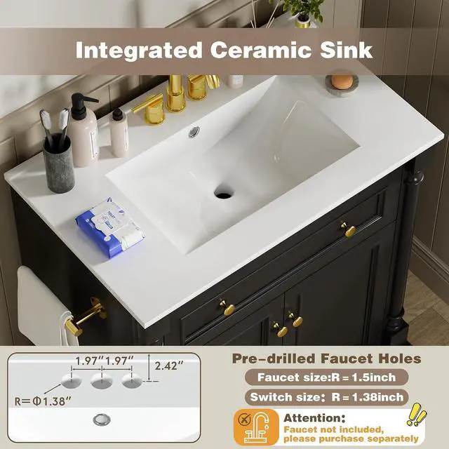 Alt view image 5 of 7 - 30" Bathroom Vanity with Sink Combo, Freestanding Modern Bathroom Sink Cabinet with Flip-Down Drawer, 2 Doors & Adjustable Shelf, Bathroom Cabinet with Ceramic Integrated Sink (Black)