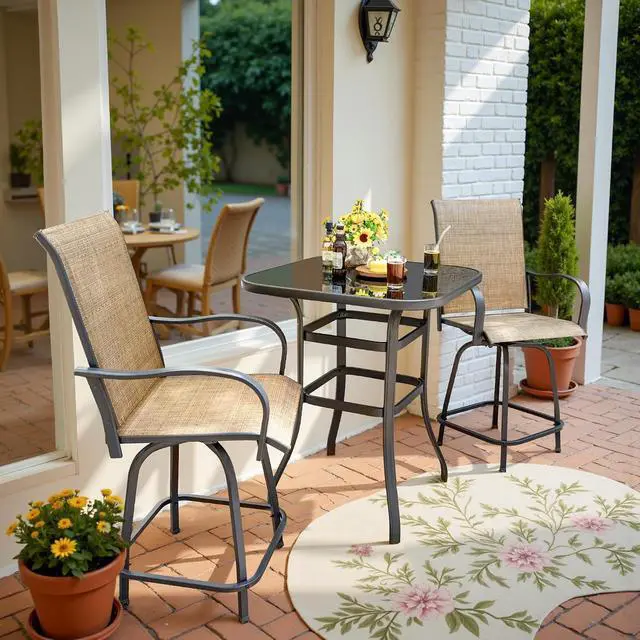 Alt view image 7 of 7 - Patio Swivel Bar Set 3 Pieces Patio High Top Bar Table and Stools Chairs Set Textilene Sling Fabric Outdoor Bar Stools Set of 2 for Garden, Balcony