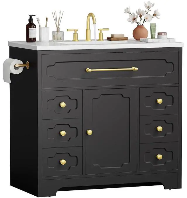 Main image of 36 Inch Bathroom Vanity with Ceramic Sink,Bathroom Storage Cabinet with Toilet Paper Holder&5 Drawers,Adjustable Shelf,Standing Bathroom Cabinet with Tip-Out Drawer,Black