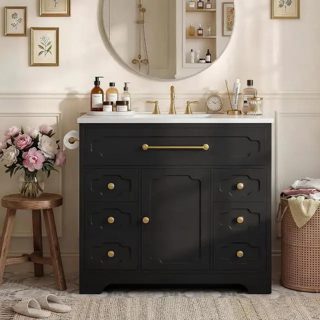 Alt view image 2 of 7 - 36 Inch Bathroom Vanity with Ceramic Sink,Bathroom Storage Cabinet with Toilet Paper Holder&5 Drawers,Adjustable Shelf,Standing Bathroom Cabinet with Tip-Out Drawer,Black