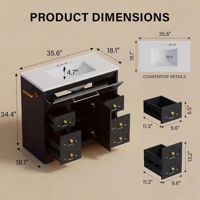 Alt view image 3 of 7 - 36 Inch Bathroom Vanity with Ceramic Sink,Bathroom Storage Cabinet with Toilet Paper Holder&5 Drawers,Adjustable Shelf,Standing Bathroom Cabinet with Tip-Out Drawer,Black