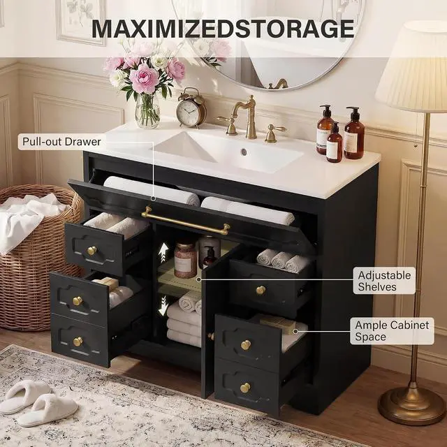 Alt view image 4 of 7 - 36 Inch Bathroom Vanity with Ceramic Sink,Bathroom Storage Cabinet with Toilet Paper Holder&5 Drawers,Adjustable Shelf,Standing Bathroom Cabinet with Tip-Out Drawer,Black