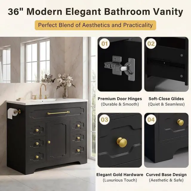 Alt view image 6 of 7 - 36 Inch Bathroom Vanity with Ceramic Sink,Bathroom Storage Cabinet with Toilet Paper Holder&5 Drawers,Adjustable Shelf,Standing Bathroom Cabinet with Tip-Out Drawer,Black
