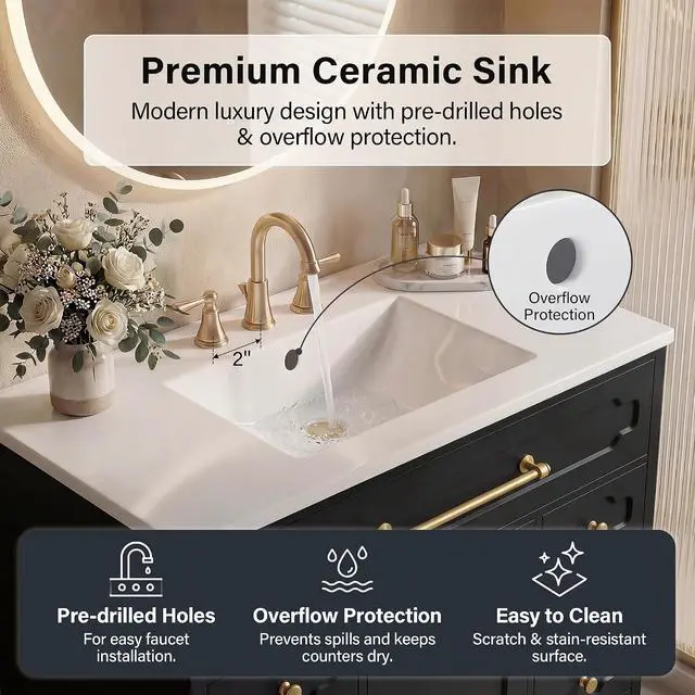 Alt view image 5 of 7 - 36 Inch Bathroom Vanity with Ceramic Sink,Bathroom Storage Cabinet with Toilet Paper Holder&5 Drawers,Adjustable Shelf,Standing Bathroom Cabinet with Tip-Out Drawer,Black