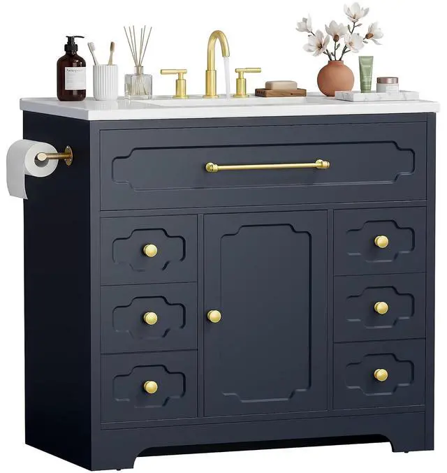 Main image of 36 Inch Bathroom Vanity with Ceramic Sink,Bathroom Storage Cabinet with Toilet Paper Holder&5 Drawers,Adjustable Shelf,Standing Bathroom Cabinet with Tip-Out Drawer,Blue