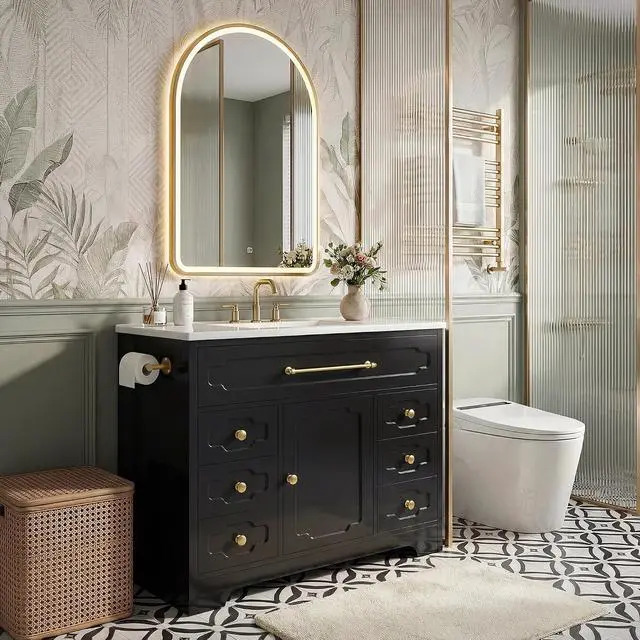 Alt view image 7 of 7 - 36 Inch Bathroom Vanity with Ceramic Sink,Bathroom Storage Cabinet with Toilet Paper Holder&5 Drawers,Adjustable Shelf,Standing Bathroom Cabinet with Tip-Out Drawer,Black