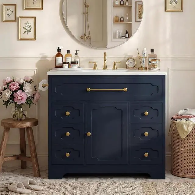 Alt view image 2 of 7 - 36 Inch Bathroom Vanity with Ceramic Sink,Bathroom Storage Cabinet with Toilet Paper Holder&5 Drawers,Adjustable Shelf,Standing Bathroom Cabinet with Tip-Out Drawer,Blue