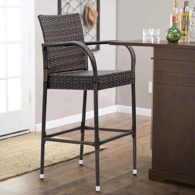 Alt view image 2 of 7 - Patio Bar Stools Wicker Barstools Indoor Outdoor Bar Stool Patio Furniture with Footrest and Armrest for Garden Pool Lawn Backyard Set of 2 (Brown)