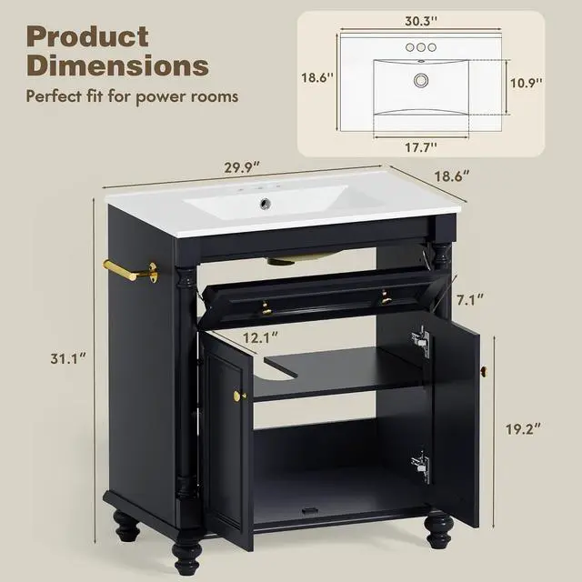 Alt view image 2 of 7 - 30" Bathroom Vanity with Sink Combo, Freestanding Modern Bathroom Sink Cabinet with Flip-Down Drawer, 2 Doors & Adjustable Shelf, Bathroom Cabinet with Ceramic Integrated Sink (Black)