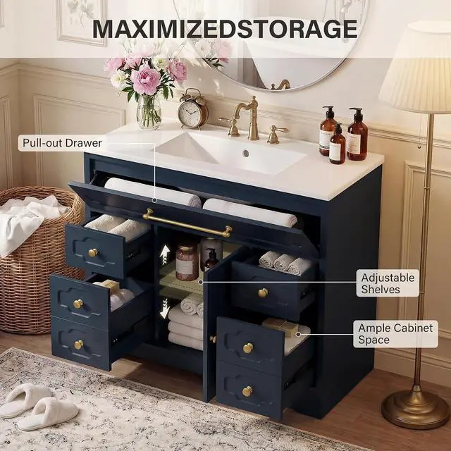 Alt view image 4 of 7 - 36 Inch Bathroom Vanity with Ceramic Sink,Bathroom Storage Cabinet with Toilet Paper Holder&5 Drawers,Adjustable Shelf,Standing Bathroom Cabinet with Tip-Out Drawer,Blue