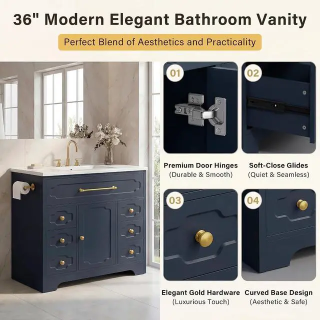 Alt view image 6 of 7 - 36 Inch Bathroom Vanity with Ceramic Sink,Bathroom Storage Cabinet with Toilet Paper Holder&5 Drawers,Adjustable Shelf,Standing Bathroom Cabinet with Tip-Out Drawer,Blue