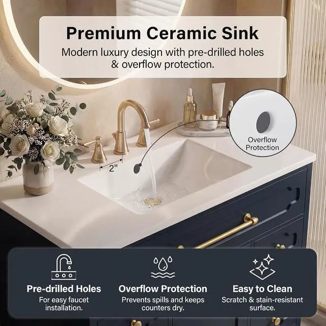 Alt view image 5 of 7 - 36 Inch Bathroom Vanity with Ceramic Sink,Bathroom Storage Cabinet with Toilet Paper Holder&5 Drawers,Adjustable Shelf,Standing Bathroom Cabinet with Tip-Out Drawer,Blue