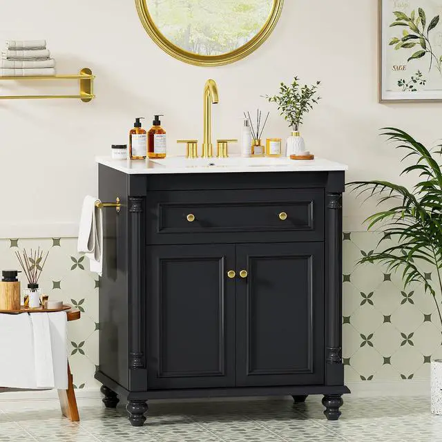 Main image of 30" Bathroom Vanity with Sink Combo, Freestanding Modern Bathroom Sink Cabinet with Flip-Down Drawer, 2 Doors & Adjustable Shelf, Bathroom Cabinet with Ceramic Integrated Sink (Deep Blue)