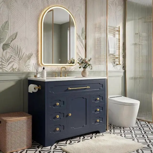 Alt view image 7 of 7 - 36 Inch Bathroom Vanity with Ceramic Sink,Bathroom Storage Cabinet with Toilet Paper Holder&5 Drawers,Adjustable Shelf,Standing Bathroom Cabinet with Tip-Out Drawer,Blue
