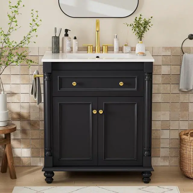 Alt view image 3 of 7 - 30" Bathroom Vanity with Sink Combo, Freestanding Modern Bathroom Sink Cabinet with Flip-Down Drawer, 2 Doors & Adjustable Shelf, Bathroom Cabinet with Ceramic Integrated Sink (Deep Blue)