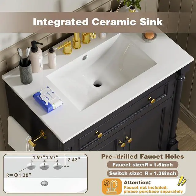 Alt view image 5 of 7 - 30" Bathroom Vanity with Sink Combo, Freestanding Modern Bathroom Sink Cabinet with Flip-Down Drawer, 2 Doors & Adjustable Shelf, Bathroom Cabinet with Ceramic Integrated Sink (Deep Blue)