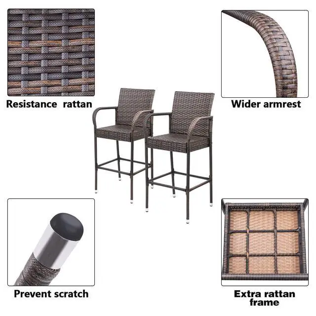 Alt view image 5 of 7 - Patio Bar Stools Wicker Barstools Indoor Outdoor Bar Stool Patio Furniture with Footrest and Armrest for Garden Pool Lawn Backyard Set of 2 (Brown)