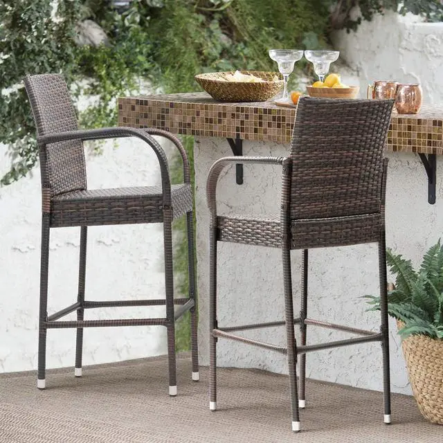 Alt view image 6 of 7 - Patio Bar Stools Wicker Barstools Indoor Outdoor Bar Stool Patio Furniture with Footrest and Armrest for Garden Pool Lawn Backyard Set of 2 (Brown)