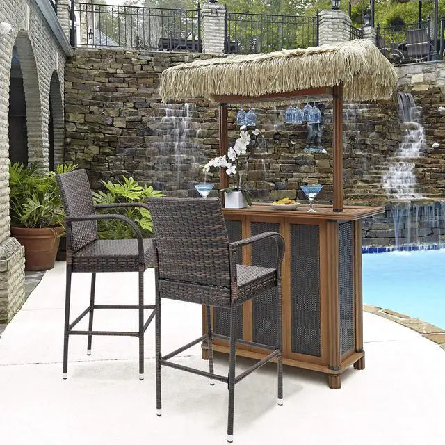 Alt view image 7 of 7 - Patio Bar Stools Wicker Barstools Indoor Outdoor Bar Stool Patio Furniture with Footrest and Armrest for Garden Pool Lawn Backyard Set of 2 (Brown)