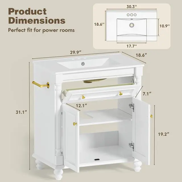 Alt view image 2 of 7 - 30" Bathroom Vanity with Sink Combo, Freestanding Modern Bathroom Sink Cabinet with Flip-Down Drawer, 2 Doors & Adjustable Shelf, Bathroom Cabinet with Ceramic Integrated Sink (White)