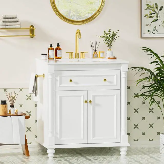 Main image of 30" Bathroom Vanity with Sink Combo, Freestanding Modern Bathroom Sink Cabinet with Flip-Down Drawer, 2 Doors & Adjustable Shelf, Bathroom Cabinet with Ceramic Integrated Sink (White)