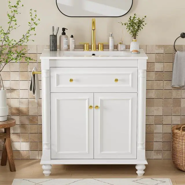 Alt view image 3 of 7 - 30" Bathroom Vanity with Sink Combo, Freestanding Modern Bathroom Sink Cabinet with Flip-Down Drawer, 2 Doors & Adjustable Shelf, Bathroom Cabinet with Ceramic Integrated Sink (White)