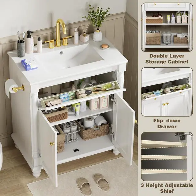 Alt view image 4 of 7 - 30" Bathroom Vanity with Sink Combo, Freestanding Modern Bathroom Sink Cabinet with Flip-Down Drawer, 2 Doors & Adjustable Shelf, Bathroom Cabinet with Ceramic Integrated Sink (White)