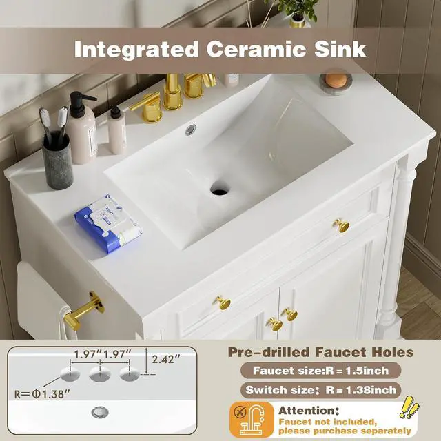 Alt view image 5 of 7 - 30" Bathroom Vanity with Sink Combo, Freestanding Modern Bathroom Sink Cabinet with Flip-Down Drawer, 2 Doors & Adjustable Shelf, Bathroom Cabinet with Ceramic Integrated Sink (White)