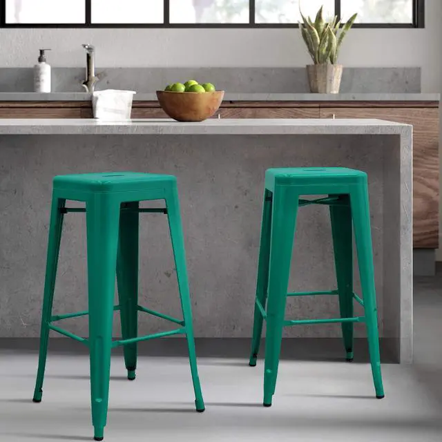 Alt view image 2 of 7 - 30 Inches Metal Bar Stools Industrial Barstools Stackable High Backless Stools Vintage Indoor Outdoor Stackable Kitchen Stools