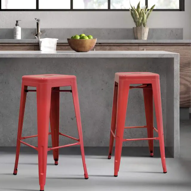 Alt view image 6 of 7 - 30 Inches Metal Bar Stools Industrial Barstools Stackable High Backless Stools Vintage Indoor Outdoor Stackable Kitchen Stools