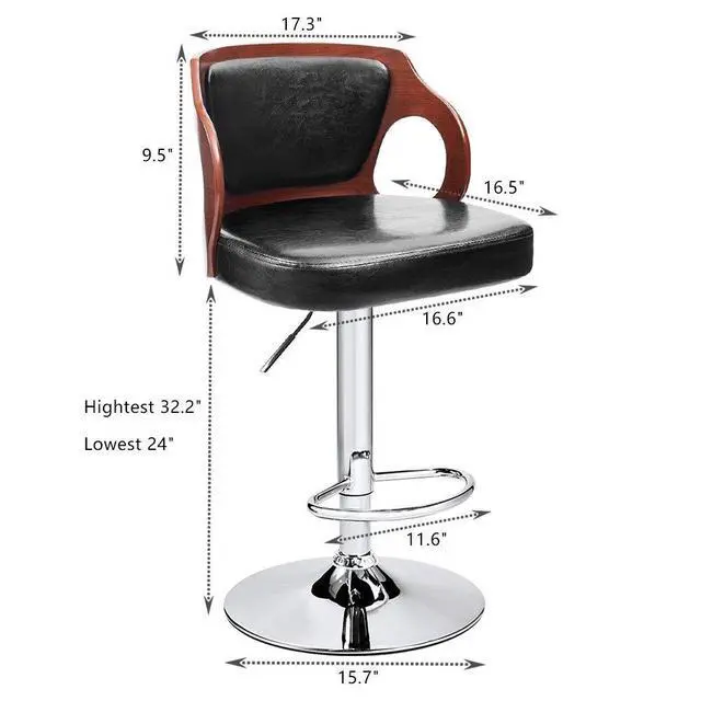 Alt view image 3 of 7 - Bar Stools Walnut Bentwood Adjustable Height Leather Modern Barstools with Back Vinyl Seat Extremely Comfy Bar Stools 2 Piece (Black)