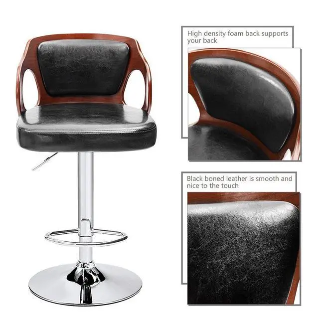 Alt view image 6 of 7 - Bar Stools Walnut Bentwood Adjustable Height Leather Modern Barstools with Back Vinyl Seat Extremely Comfy Bar Stools 2 Piece (Black)